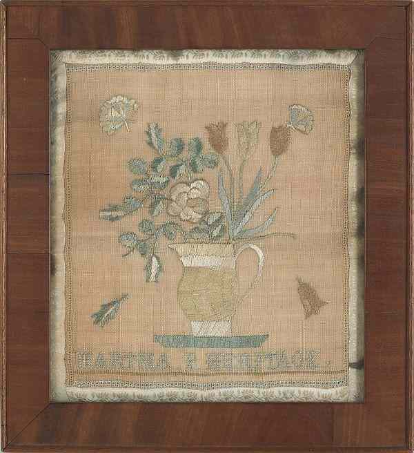 Appraisal: Gloucester County New Jersey silk on linen embroidery ca wrought