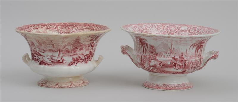 Appraisal: TWO SIMILAR STAFFORDSHIRE RED TRANSFER-PRINTED LOW CAMPANI-FORM URNS The one