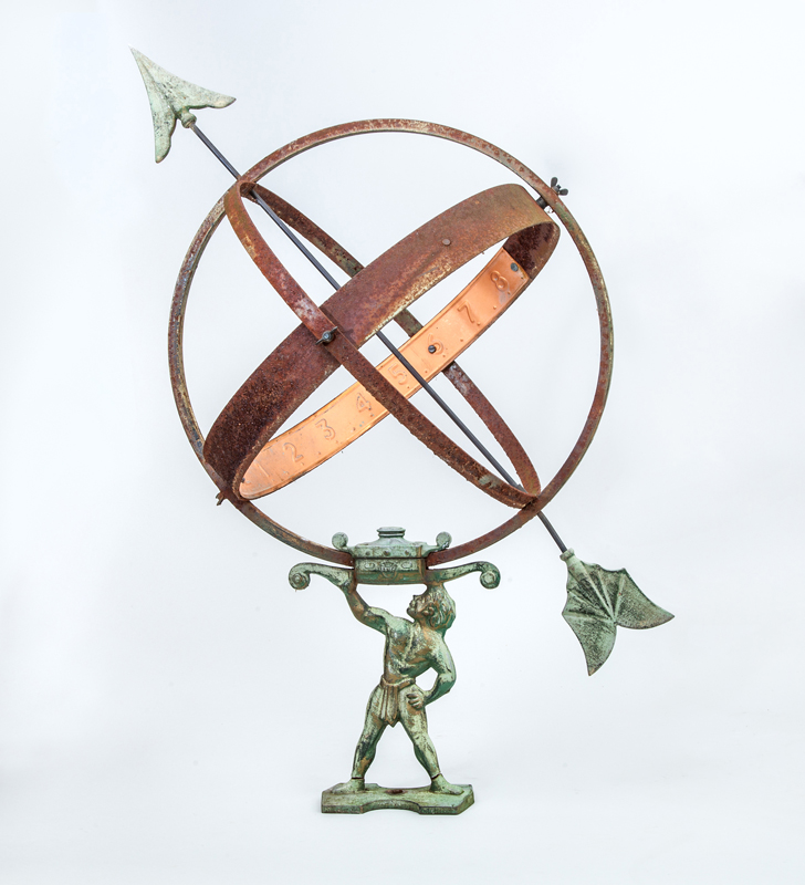 Appraisal: CAST-IRON ARMILLARY SPHERE On verdigris patinated figural base x in