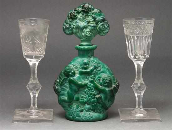 Appraisal: Two cut glass wine stems and a Czech malachite glass