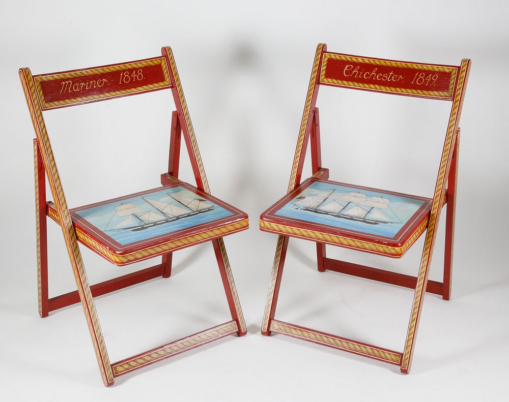 Appraisal: Pair of Red Hand Painted Nautical Theme Folding Chairs Pair