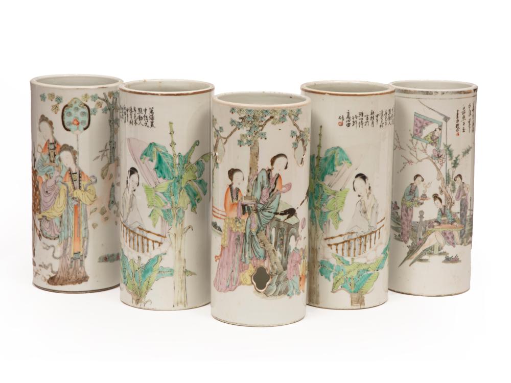 Appraisal: Five Chinese Export Famille Rose Porcelain Cylinder Vases and Hat