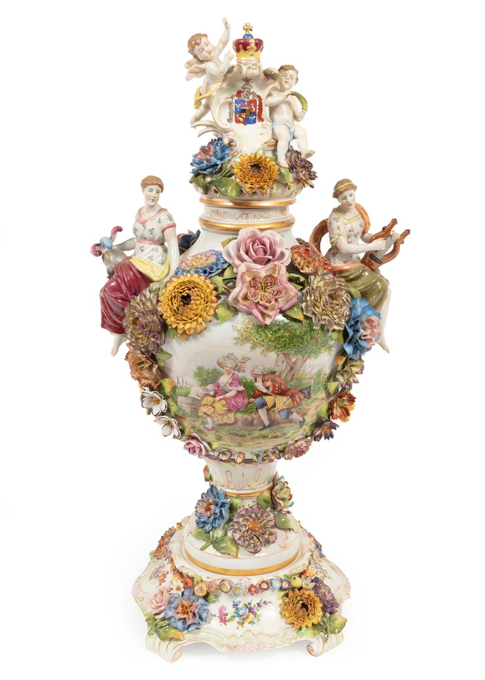 Appraisal: MEISSEN-STYLE PORCELAIN COVERED URNLarge Meissen-Style Polychrome and Gilt Porcelain Covered