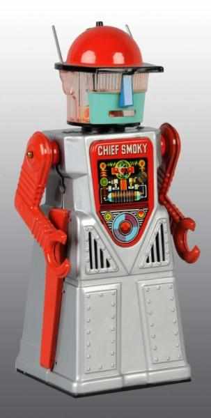 Appraisal: Tin Plastic Chief Smoky Robot Battery-Op Toy Description Japanese Working