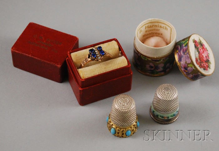 Appraisal: Two Thimbles and an Edwardian Seed Pearl and Gemstone Ring