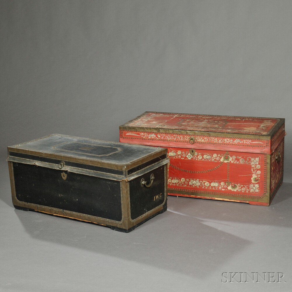 Appraisal: Two Hide-bound Wood Chests Asia a black hide-bound chest with