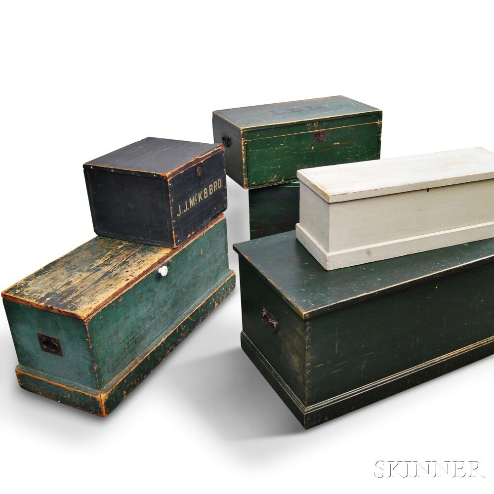 Appraisal: Six Painted Chests th century a small green-painted inscribed J