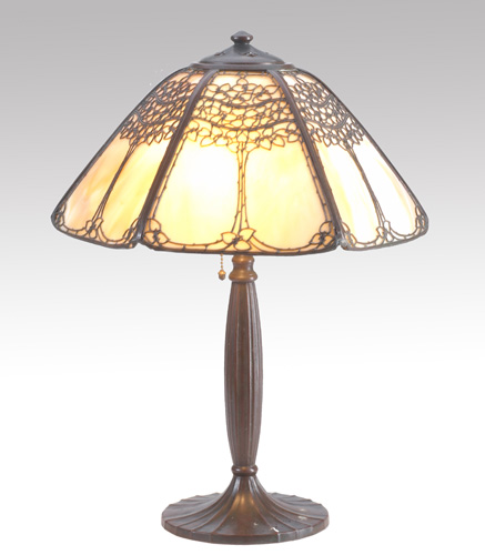 Appraisal: HANDEL Table lamp its shade of caramel slag glass panels