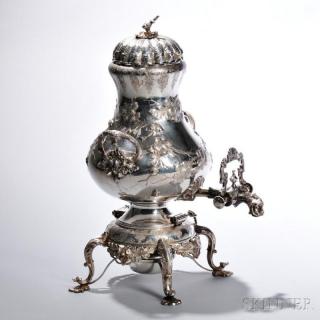 Appraisal: American Silver Kettle-on-Stand probably c lacking hallmarks balustroid with oak