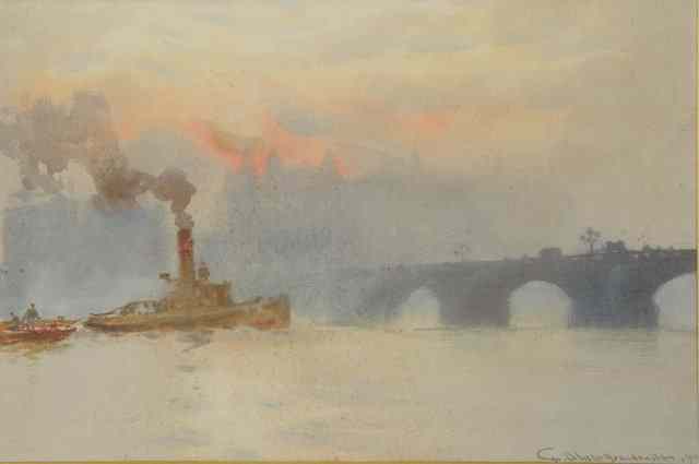 Appraisal: William Allistair Macdonald - Shipping at Waterloo Bridge signed and