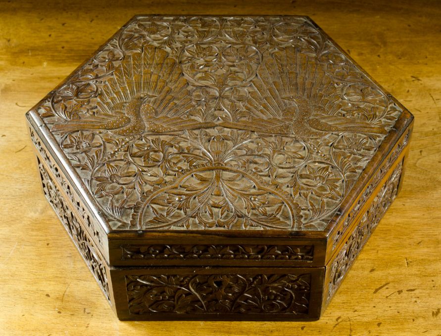 Appraisal: CHINESE CARVED WOOD JEWELRY BOX hexagonal form with hinged lid