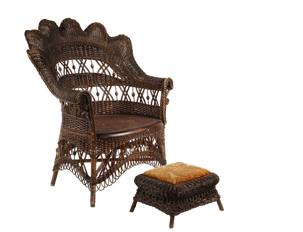 Appraisal: WICKER ARMCHAIR FOOTSTOOL - Lounge Chair with Matching Footstool in