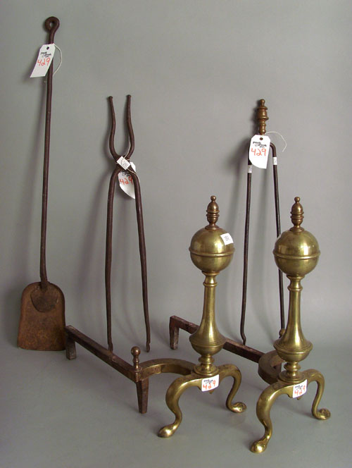 Appraisal: Pair of Federal style brass andirons h together with tongs