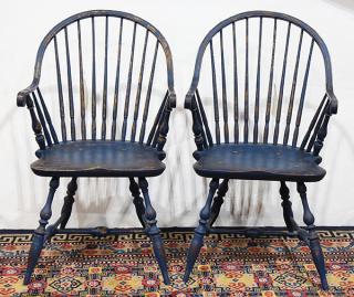 Appraisal: Pair of American blue painted sack-back Windsor armchairs branded W