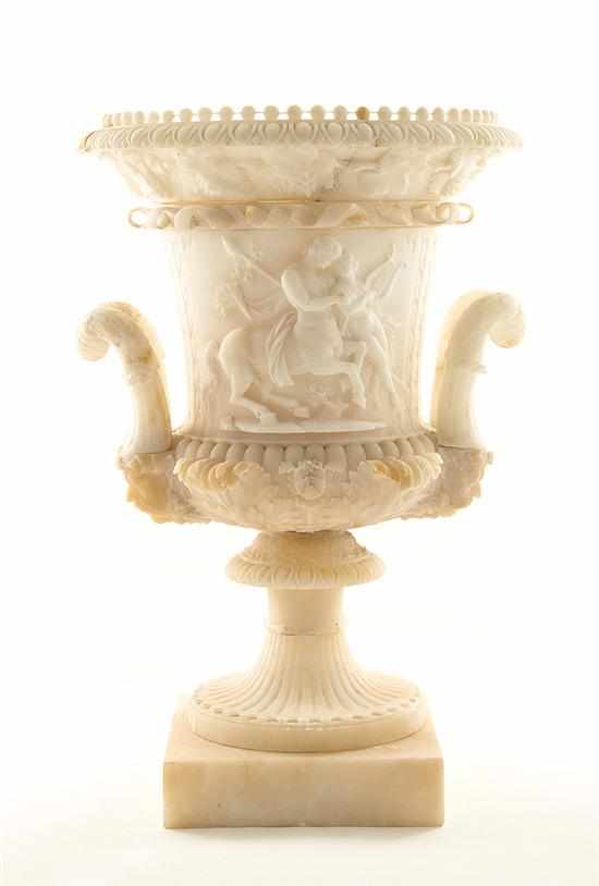 Appraisal: Continental carved alabaster urn th century Classical form with beaded