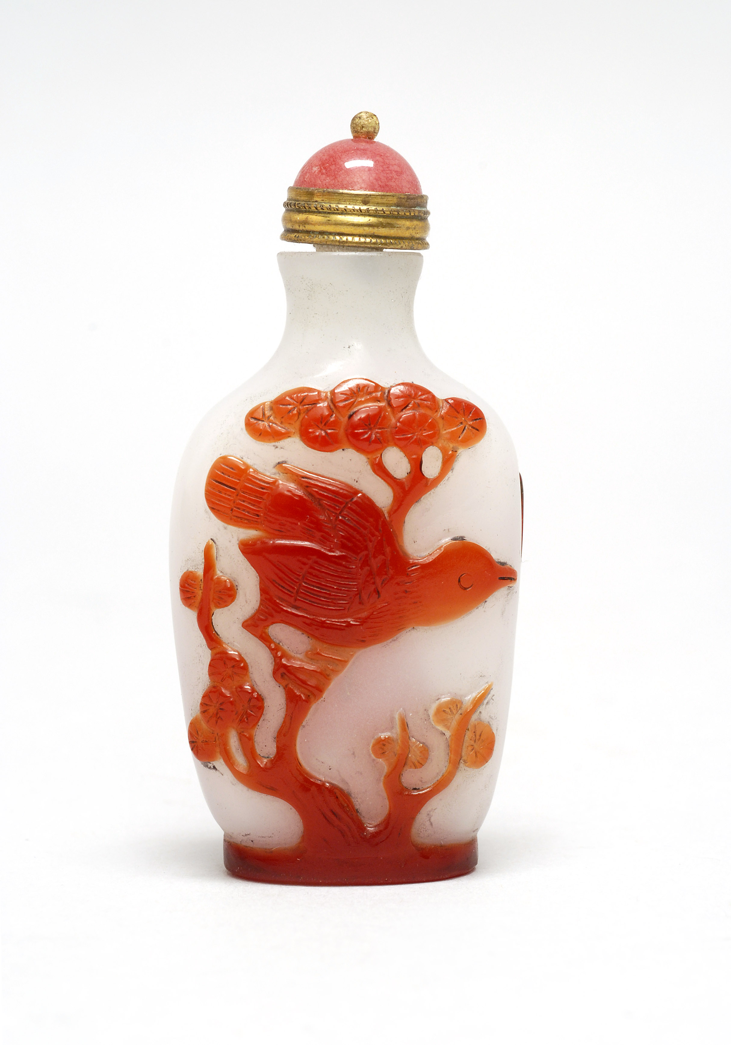 Appraisal: OVERLAY GLASS SNUFF BOTTLE th CenturyWith red bird and pine