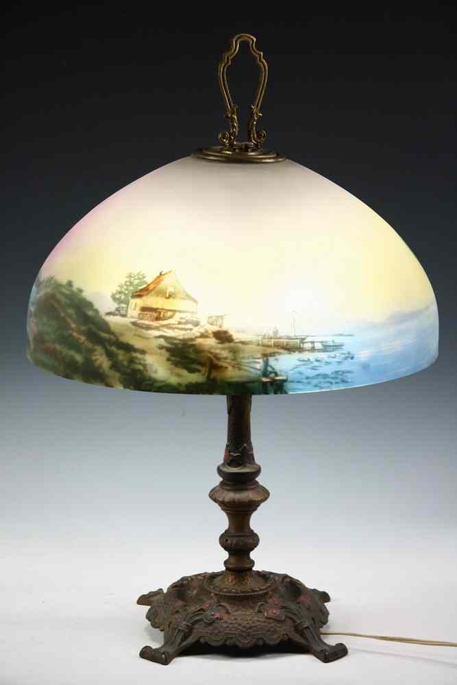 Appraisal: REVERSE PAINTED TABLE LAMP - s Polychrome Spelter Lamp Base