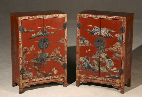 Appraisal: Pair of Chinese Gilt Wrought-Metal Mounted Polychrome Red Lacquered Wood