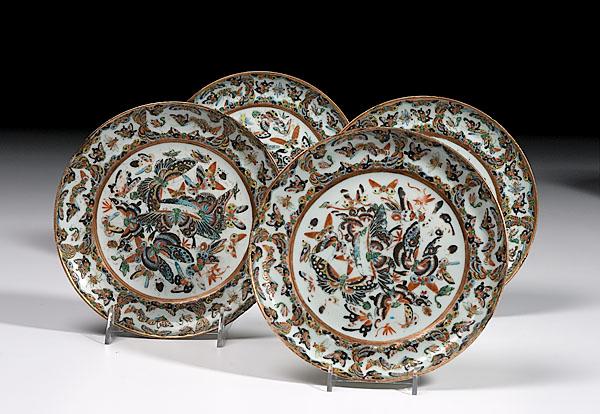 Appraisal: FOUR CHINESE EXPORT BLACK BUTTERFLY PLATES th century all decorated