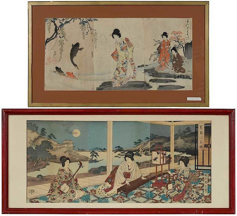 Appraisal: Yoshu Chikanobu Japanese - two triptychs one titled Bijin and