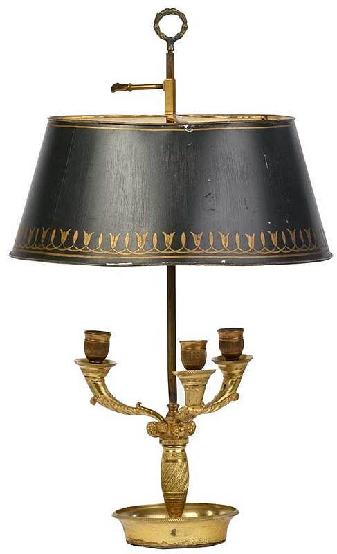 Appraisal: French Empire Ormolu Tole Lamp early th century converted three