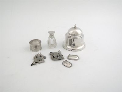 Appraisal: An inkwell a napkin ring a mounted bottle and four