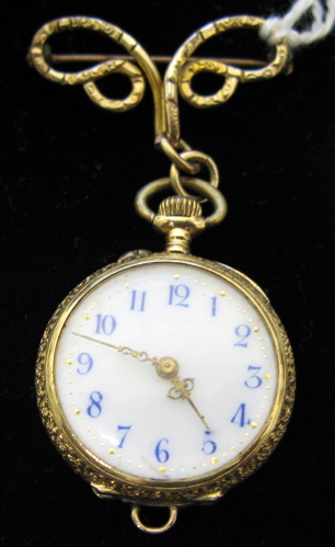 Appraisal: LADY'S ENAMELED EIGHTEEN KARAT GOLD PENDANT LAPELWATCH Swiss c The