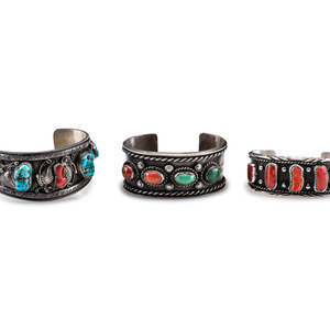 Appraisal: Navajo Silver Coral and Turquoise Cuff Bracelets third quarter th