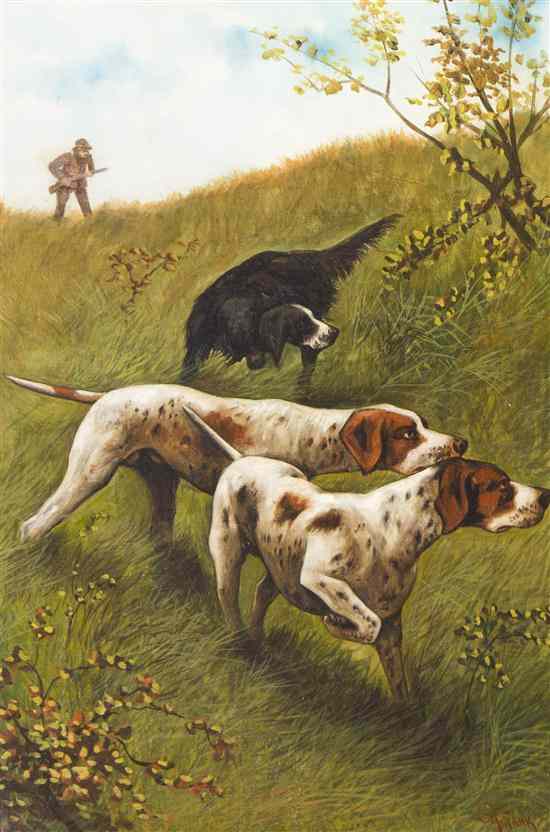 Appraisal: G Frank th century Hunting Dogs on Point oil on