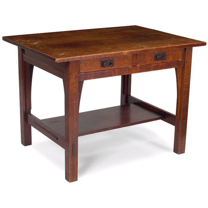 Appraisal: Gustav Stickley library table rectangular top over two drawers and