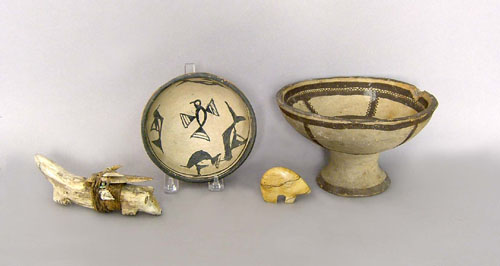 Appraisal: Seven pcs of Native American pottery together with bone carvings