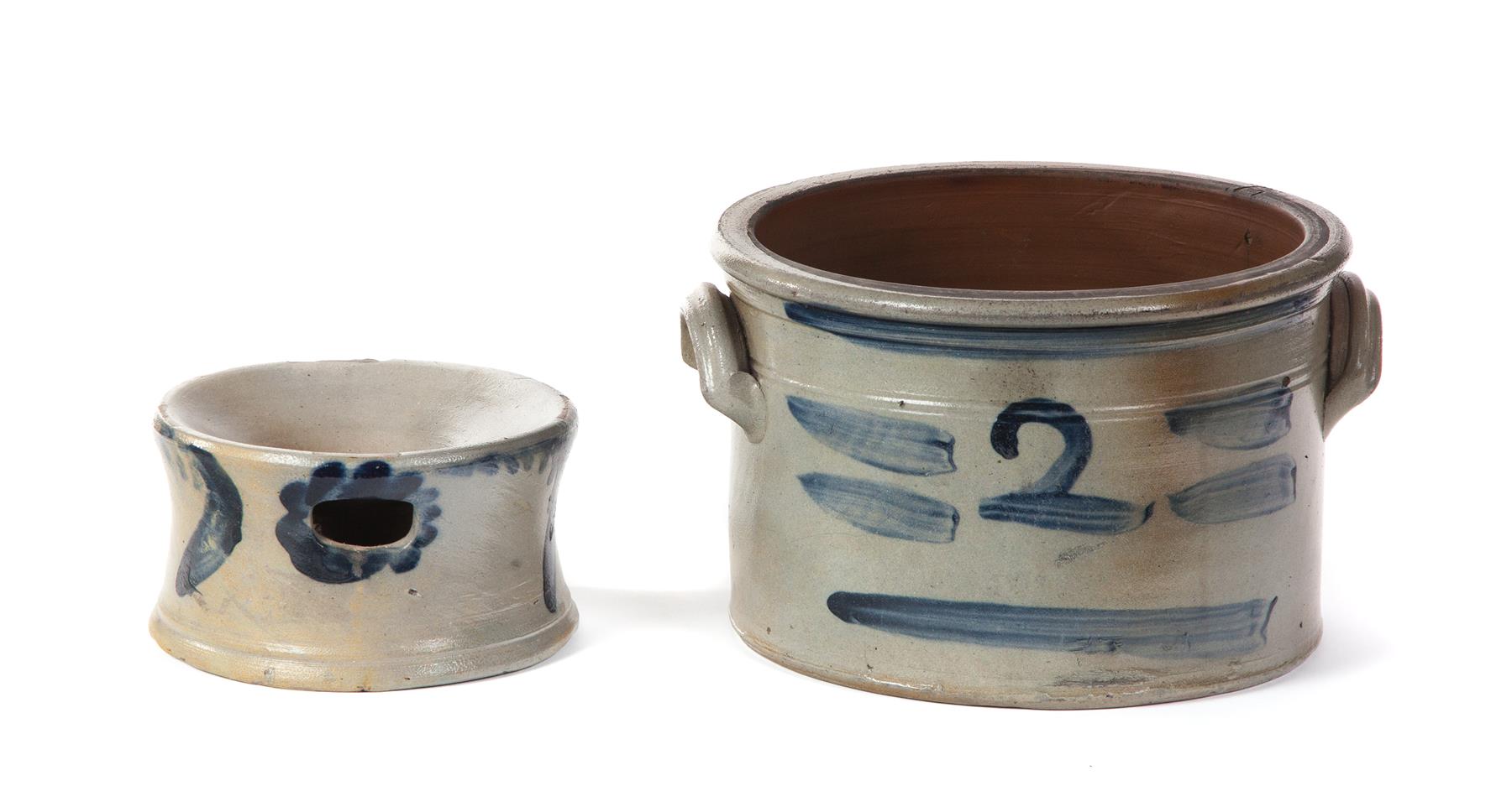 Appraisal: TWO PIECES OF COBALT FREEHAND DECORATED STONEWARE American nd half-