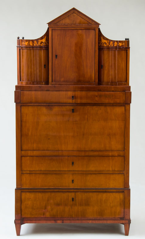 Appraisal: DANISH NEOCLASSICAL MAHOGANY AND FRUITWOOD MARQUETRY SECRETAIRE ABATTANT With a