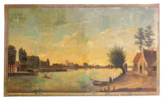 Appraisal: Large Continental oil painting on linen canvas circa river scene