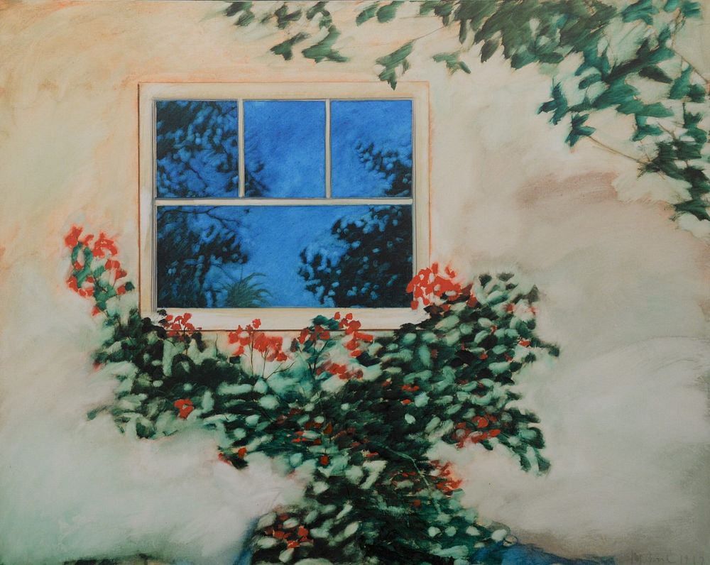 Appraisal: Unknown Artist Red flowering bush and window signed indistinctly lower