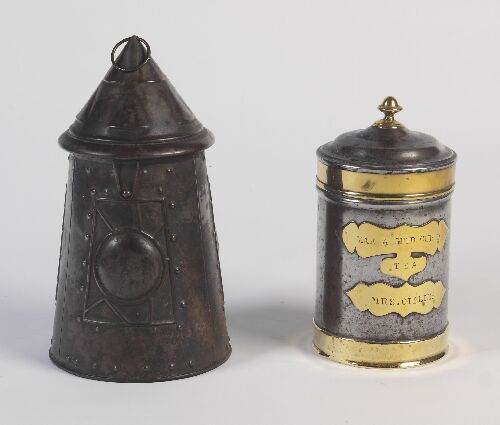 Appraisal: A th century tin and brass mounted tea caddy of