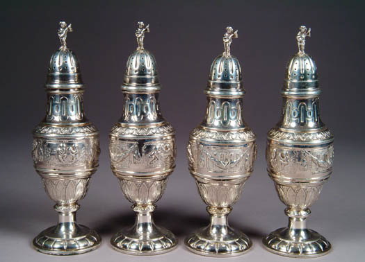 Appraisal: SET OF FOUR GERMAN SILVER NEOCLASSICAL STYLE CASTERS Marked Germany