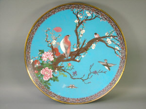 Appraisal: A Japanese cloisonne enamel circular charger decorated with birds on