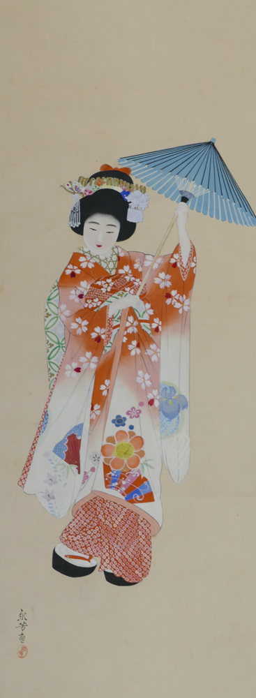 Appraisal: Old Japanese Geisha with Parasol Scroll Painting ''x '' Image