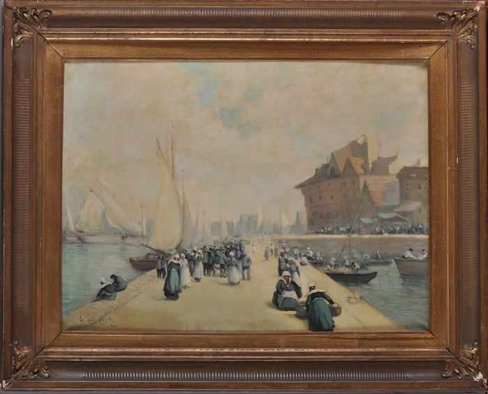 Appraisal: FRENCH SCHOOL PEASANT WOMAN ON THE QUAI Oil on canvas