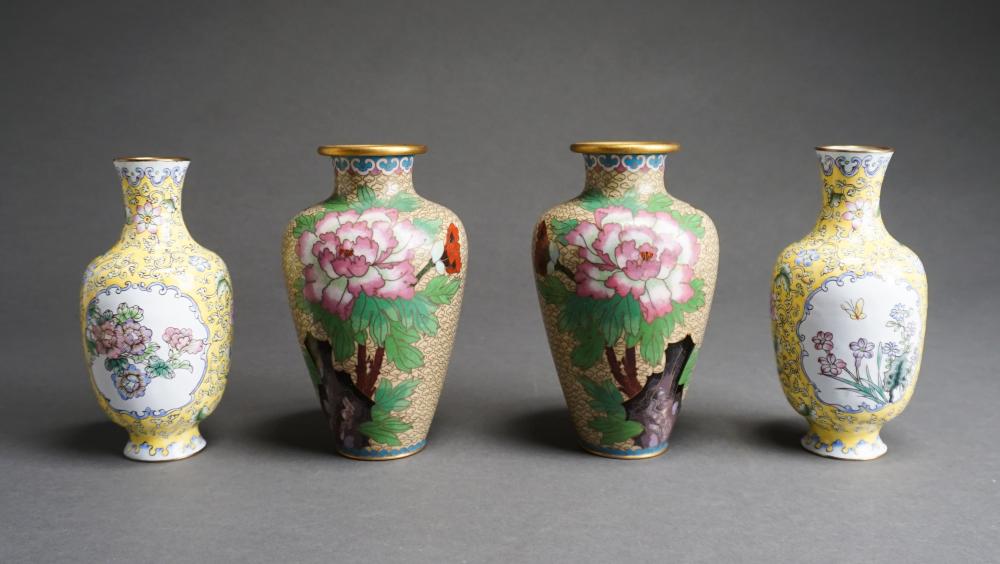 Appraisal: PAIR CHINESE FAMILLE JAUNE PORCELAIN VASES AND PAIR CLOISONN VASES