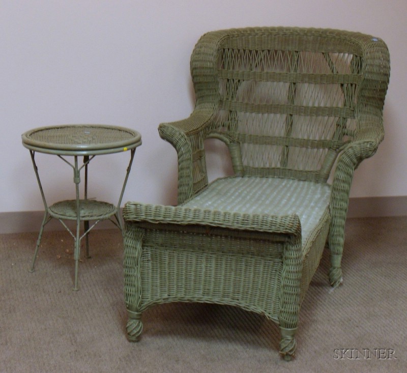 Appraisal: Green-painted Woven Wicker Chaise and a Stand