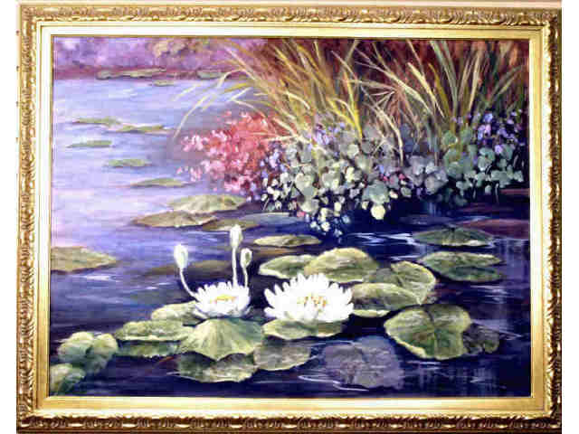 Appraisal: Oil on canvas painting depicting lily pad scene signed G