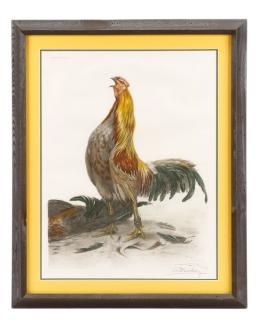 Appraisal: Leon Danchin Rooster Crowing Color Etching Leon Danchin French -