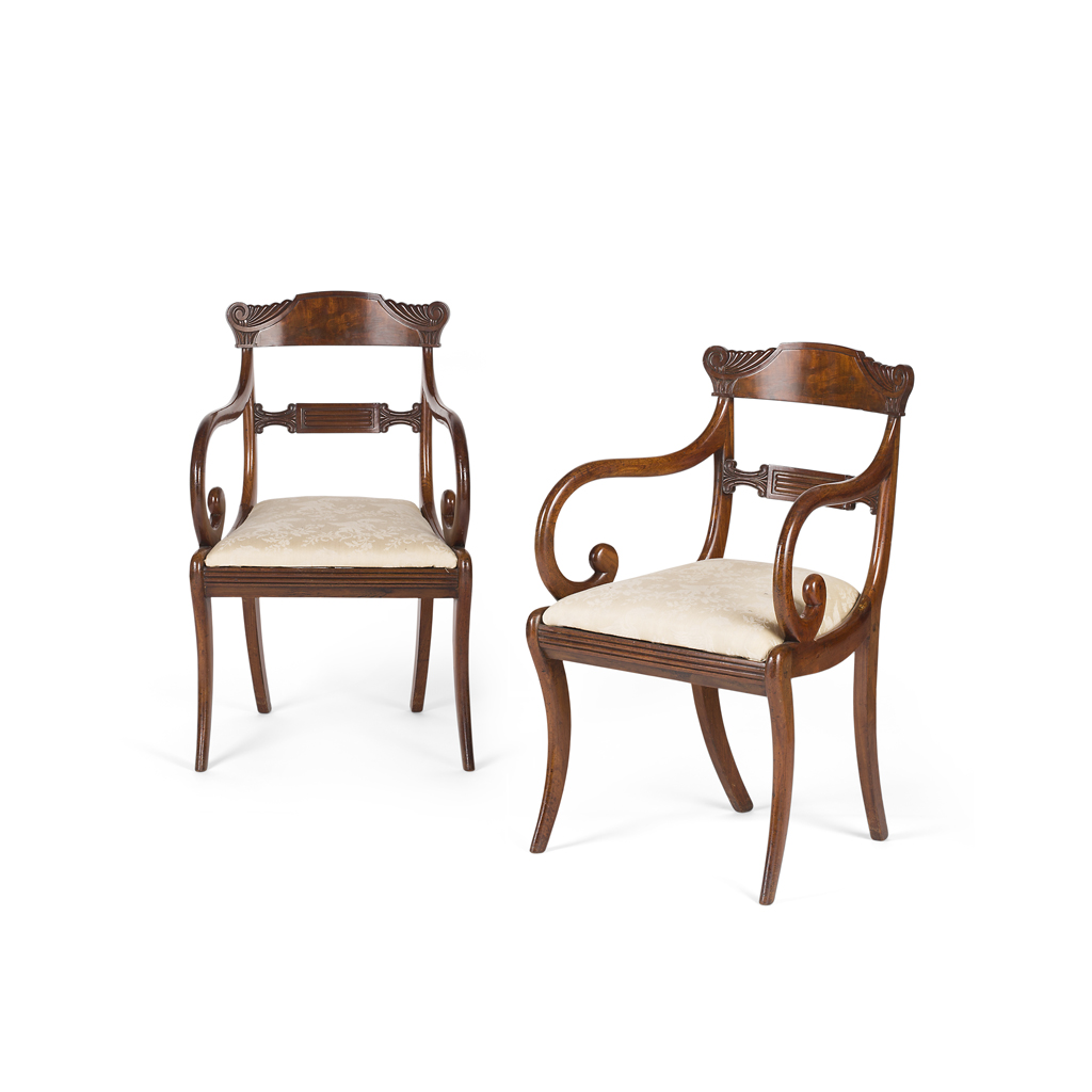 Appraisal: PAIR OF REGENCY MAHOGANY ARMCHAIRS CIRCA the leaf and scroll