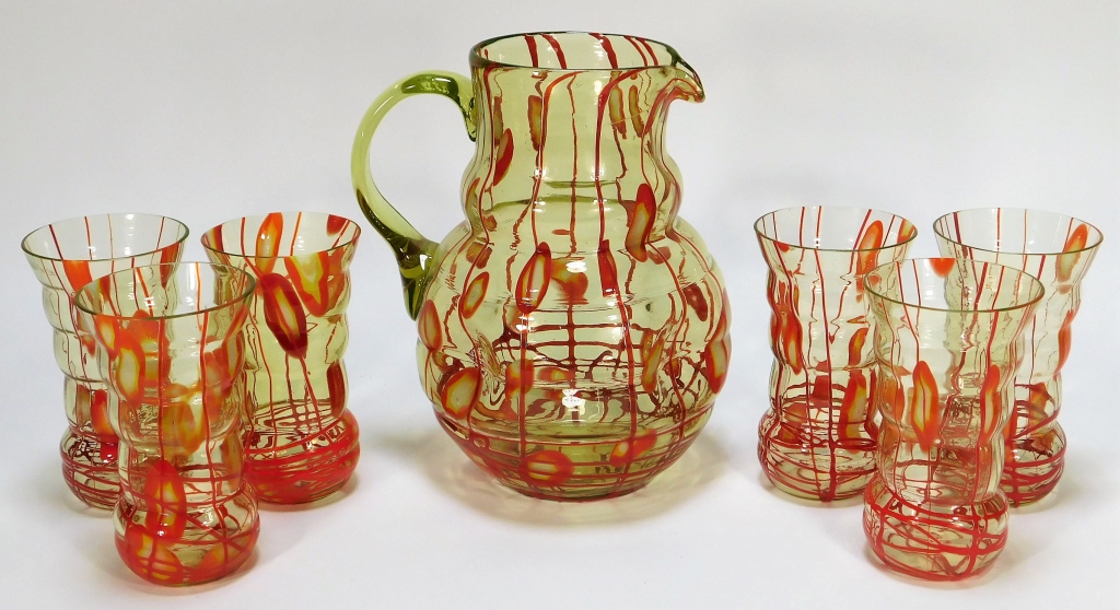 Appraisal: PC KRALIK BOHEMIAN ART GLASS PITCHER SET Bohemia Early th