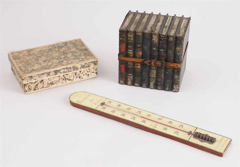 Appraisal: FRENCH PAINTED WOOD THERMOMETER AND TWO BOXES The one marked