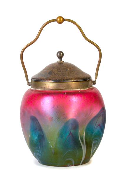 Appraisal: An Austrian electroplate and iridescent glass biscuit jar height in