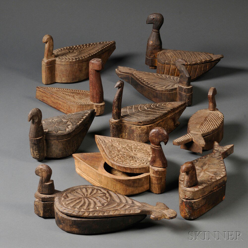 Appraisal: Ten Carved Wooden Duck Boxes Nepal th century each with