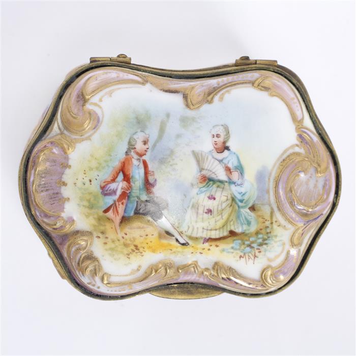 Appraisal: Hand painted scenic porcelain jewelry box Signs of light wear